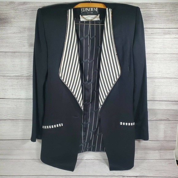 Criscione Vintage Black White Striped Collar Black Blazer...